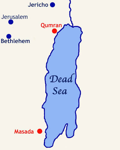 Map showing the location of Qumran and the Dead Sea in relation to Jerusalem and Judea